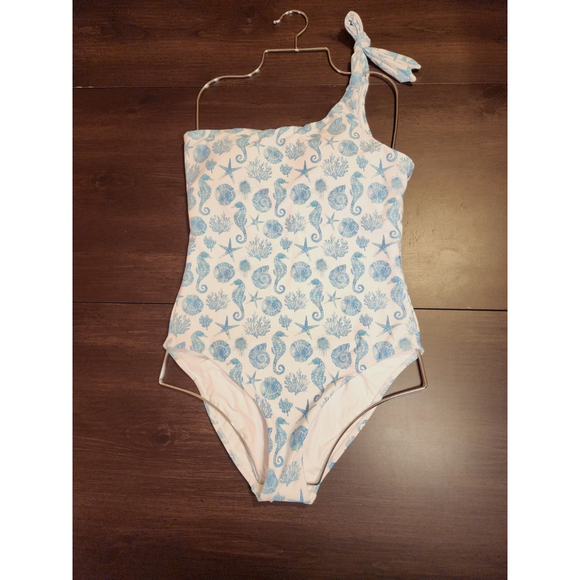 Aqua One piece Swimsuit Bathing Suit LARGE - Blue Seashells Seahorse Sealife - Picture 6 of 16
